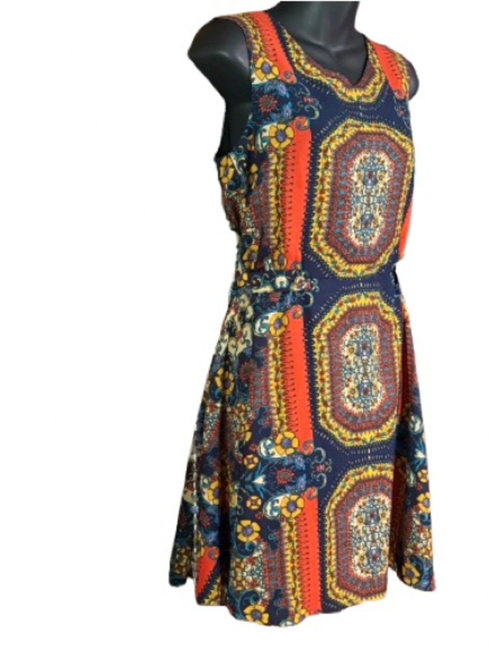 bohemian printed sleeveless dress defined cinch waist flowy mini-length skirt. - Picture 3 of 16
